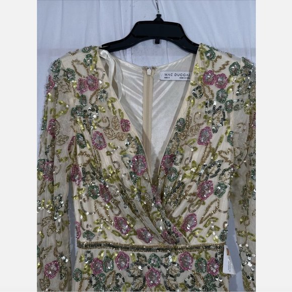 NWT $698 Mac Duggal [ 4 ] Long Sleeve Floral Embellished Gown in Nude Mult #Q633 - Picture 10 of 15